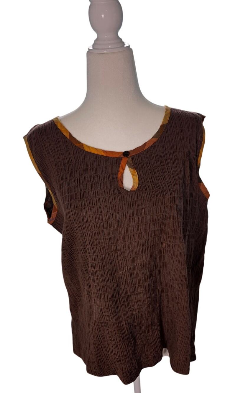 Giselle Apparel Womens XL Brown Linen Blend Textured Keyhole Top Lagenlook Boho